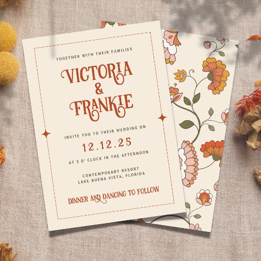 Invitation Retro Boho rouge rose jaune Mariage de motifs flor
