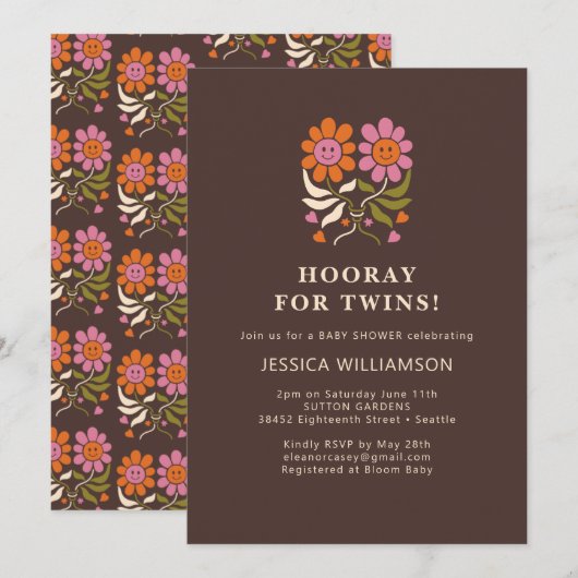 Invitation Retro Boho Smile Floral Super Baby shower TWINS (Devant / Derrière)