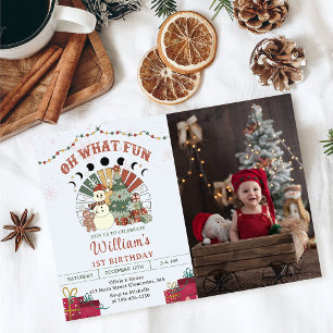 Invitation Retro Boho Snowman Arbre de Noël Anniversaire Phot