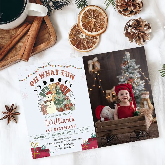 Invitation Retro Boho Snowman Arbre de Noël Anniversaire Phot