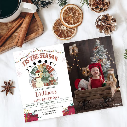 Invitation Retro Boho Snowman Arbre de Noël Anniversaire Phot
