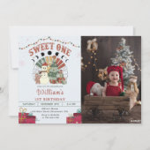 Invitation Retro Boho Snowman sapin de Noël 1er anniversaire (Devant)