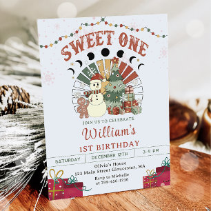 Invitation Retro Boho Snowman sapin de Noël 1er anniversaire