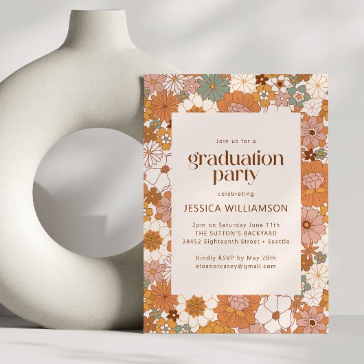 Invitation Retro Boho Terracotta Floral Cute Graduation Party