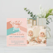 Invitation Retro Boho Twins Anniversaire Fête Photo Invitatio (Debout devant)