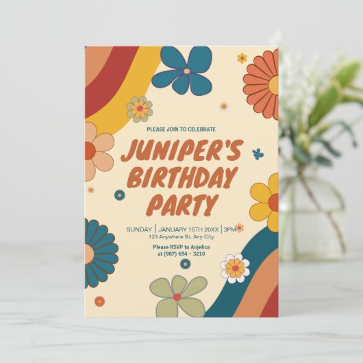 Invitation Retro Boho Wildflower groovy arc-en-ciel 70s anniv (Debout devant)