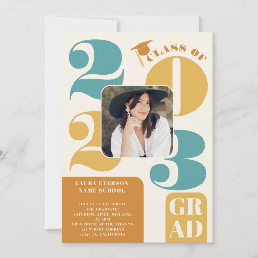 Invitation Rétro bold 2023 terre cuite turquoise 5 graduation (Devant)