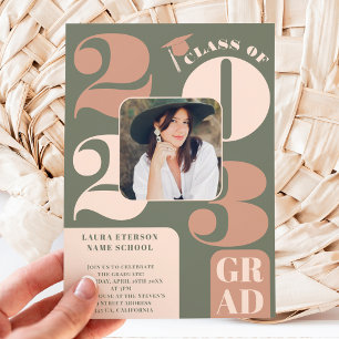 Invitation Rétro bold 2023 vert beige 5 photos graduation