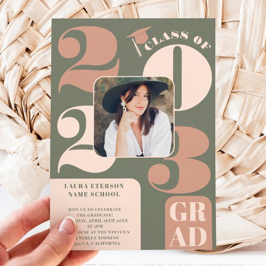 Invitation Rétro bold 2023 vert beige 5 photos graduation