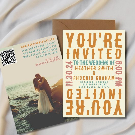 Invitation Retro Bold Bright Photo et code QR Mariage