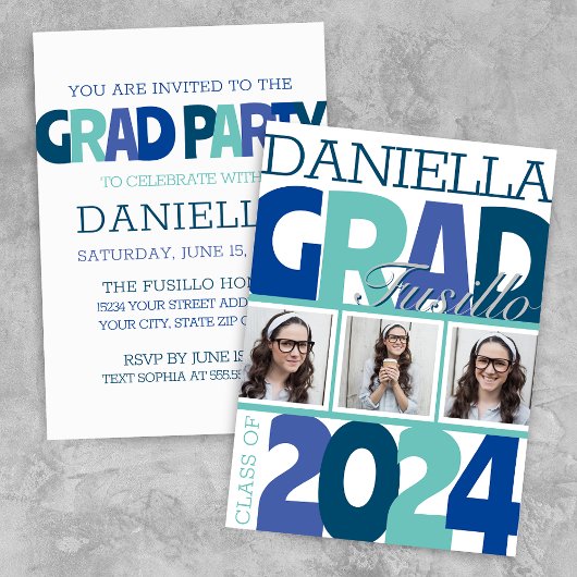 Invitation Retro Bold Over3 Photo Blue Turquoise Grad Party
