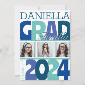 Invitation Retro Bold Over3 Photo Blue Turquoise Grad Party (Devant)
