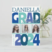 Invitation Retro Bold Over3 Photo Blue Turquoise Grad Party (Debout devant)