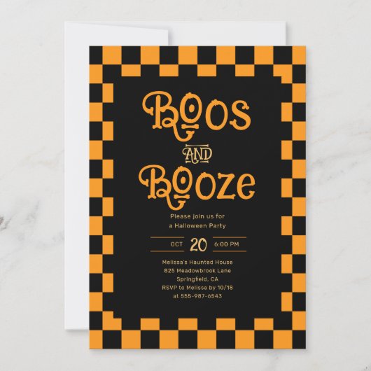 Invitation Retro Boos And Booze Halloween Checkered Orange (Devant)