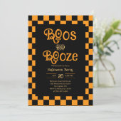 Invitation Retro Boos And Booze Halloween Checkered Orange (Debout devant)