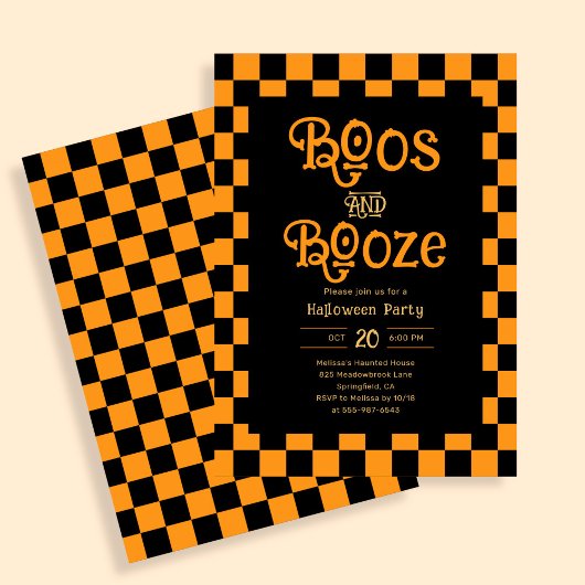 Invitation Retro Boos And Booze Halloween Checkered Orange