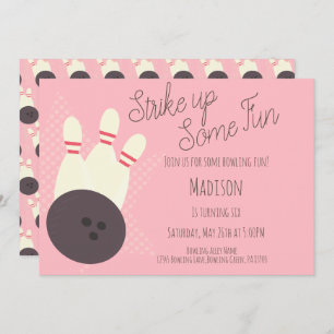 Invitation Retro Bowling Alley Anniversaire fête rose Invitat