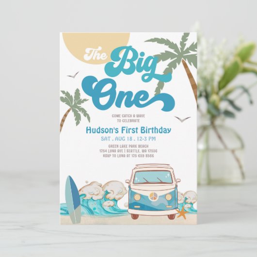 Invitation Retro Boy Big One Surfing 1er anniversaire (Debout devant)