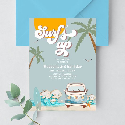 Invitation Retro Boy Surf Surf Surf Anniversaire