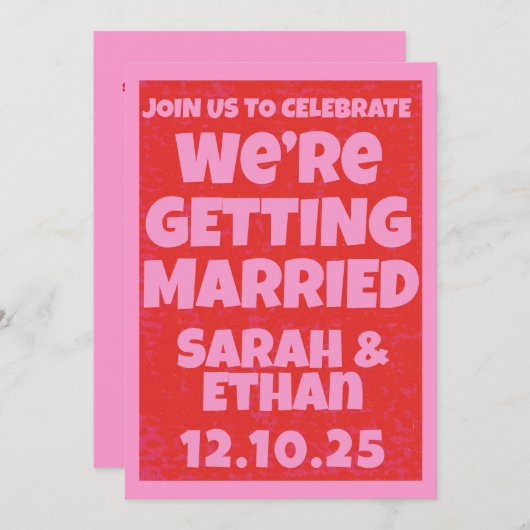 Invitation Retro Bright Bold Funky Rose Mariage rouge (Devant / Derrière)