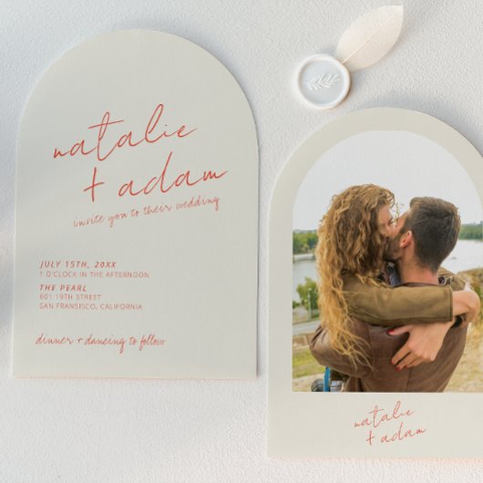 Invitation Retro Bright Orange Whimsical Photo Arched Wedding