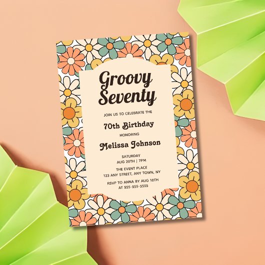 Invitation Retro Brown Pêche Floral Super 70e anniversaire