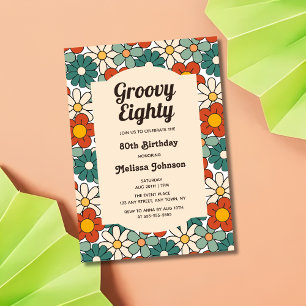 Invitation Retro Brown Vert Floral Super 80e anniversaire