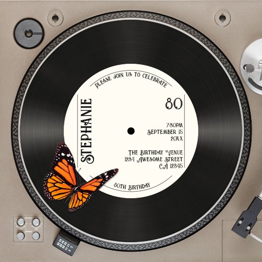 Invitation Rétro Butterfly Faux Record Musique 80e anniversai
