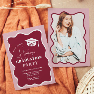 Invitation Retro cadre ondulé rouge graduation photo