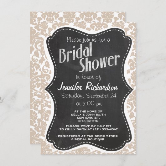 Invitation Retro Chalkboard Almond Couleur Damask Motif (Devant / Derrière)