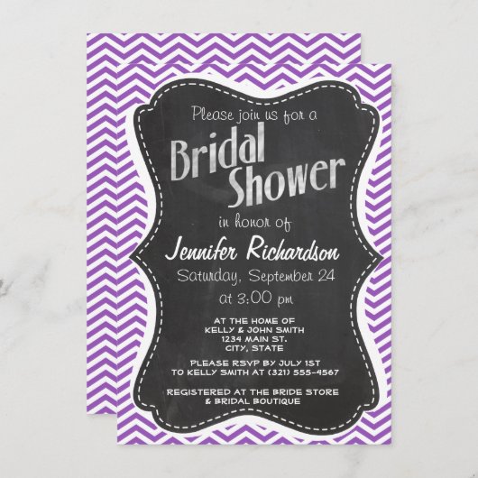 Invitation Retro Chalkboard; Deep Lilac Chevron (Devant / Derrière)