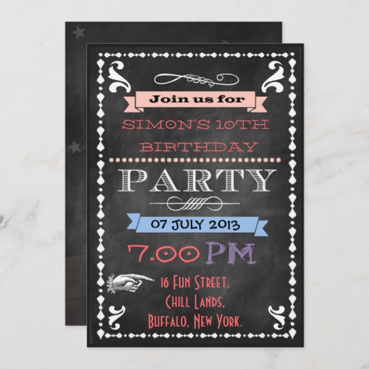 Invitation Retro Chalkboard Enfants Slepover fête d'anniversa (Devant / Derrière)