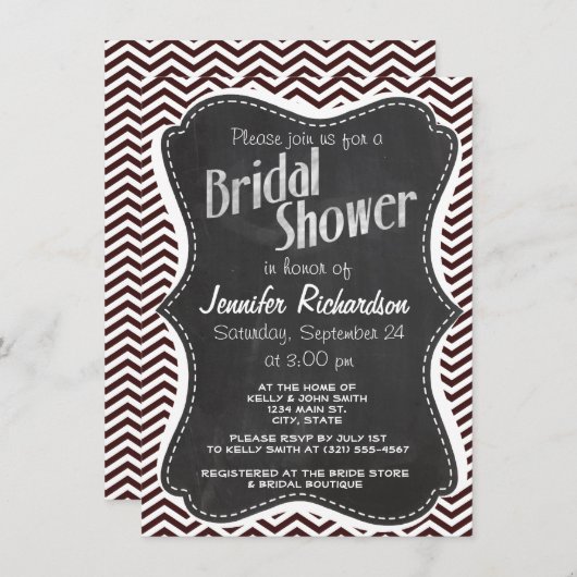 Invitation Retro Chalkboard look; Dark Sienna Chevron (Devant / Derrière)