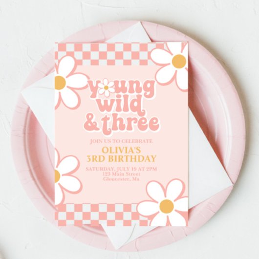 Invitation Retro Check Young Wild Trois Pink Daisy