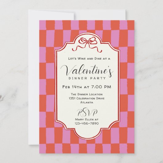Invitation Retro Checkerboard Handdrawn Bow Valentine Dinner (Devant)
