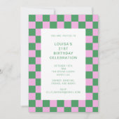 Invitation Retro Checkerboard Rose Vert 21e fête d'anniversai (Devant)