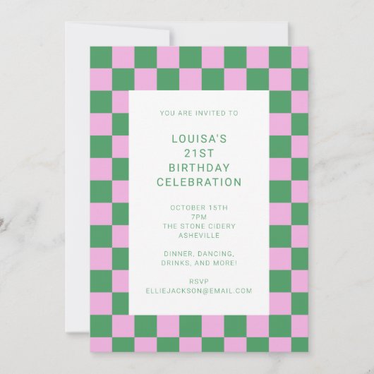 Invitation Retro Checkerboard Rose Vert 21e fête d'anniversai (Devant)