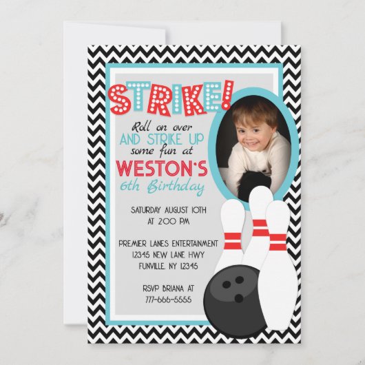 Invitation Retro Chevron Bowling Anniversaire Photo Invitatio (Devant)
