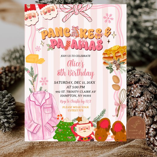 Invitation Retro Christmas Pancake and Pajama Party Birthday