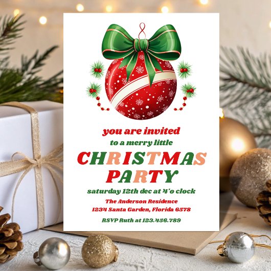 Invitation Retro Christmas Tree Ornaments Editable Party