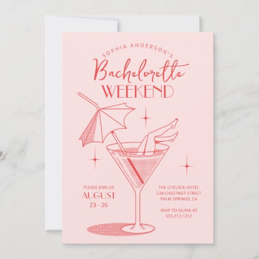 Invitation Rétro Cocktail Bachelorette Week-end Itinéraire (Devant)