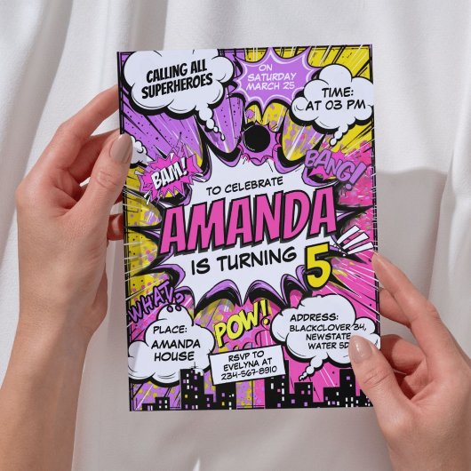 Invitation Retro Comic Superhéros Fille fête d'anniversaire