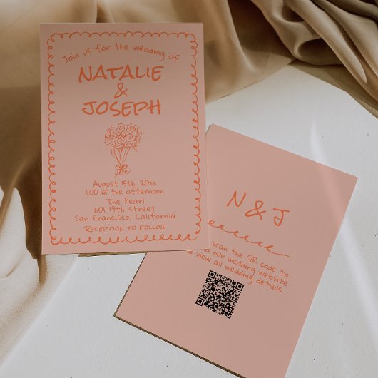 Invitation Retro Coral Hand Drawn QR Code Quirky Wedding