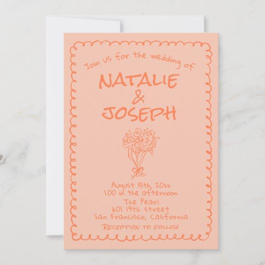 Invitation Retro Coral Main Écrit Quirky Photo Mariage (Devant)