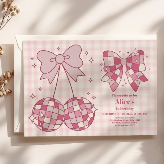 Invitation Retro Cute Pink Bow Coquette 1er anniversaire