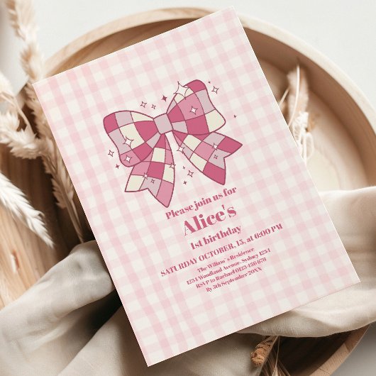 Invitation Retro Cute Pink Bow Coquette 1er anniversaire