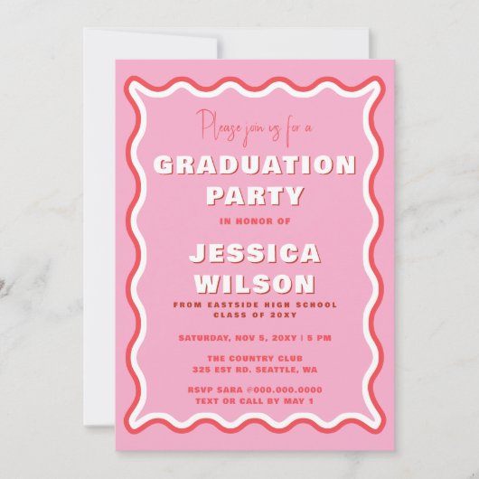 Invitation Retro Cute Wavy Pink Red Photo Graduation (Devant)