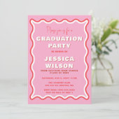 Invitation Retro Cute Wavy Pink Red Photo Graduation (Debout devant)