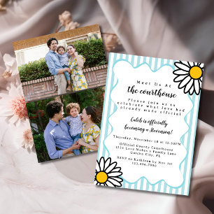 Invitation Rétro Daisies Bleu 2 Photo Adoption Jour Cour de j