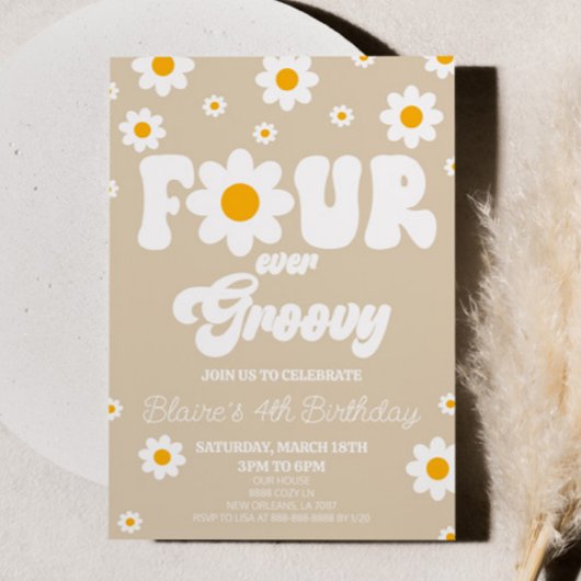 Invitation Retro Daisy Four Ever Super 4ème anniversaire